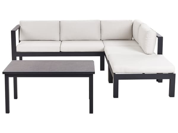 5-seters loungesett Svart metallramme Off-white sitteputer Bord med glassplate Moderne og skandinavisk stil Hagemøbler