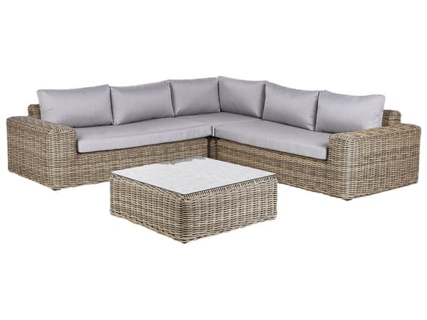 Hagesett Lysebrun Flettet PE-rotting Hjørnesofa Modular med Ottoman Grå Puter Utendørs