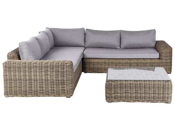 Hagesett Lysebrun Flettet PE-rotting Hjørnesofa Modular med Ottoman Grå Puter Utendørs