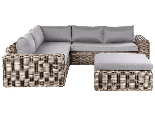 Hagesett Lysebrun Flettet PE-rotting Hjørnesofa Modular med Ottoman Grå Puter Utendørs