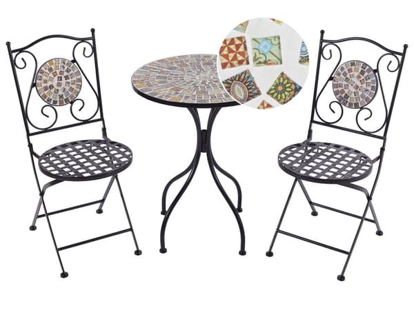 Bistrosett til Hagen Svart Metallbord og Sammenleggbare Stoler Mosaikkmønster Fliser Utesett i Vintage-stil Bistrosett til Hagen Svart Metallbord og Sammenleggbare Stoler Mosaikkmønster Fliser Utesett i Vintage-stil