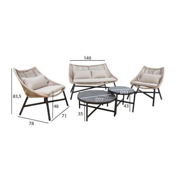 Puutarharyhmä HELSINKI sohva + 2 tuolia + 2 pöytää, alurunko, kangasverhoilu, beige/musta