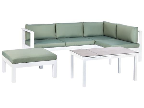 5-seters Hagesofasett Hvit Metallramme Beige Puter Sofabord med spalter Moderne Skandinavisk