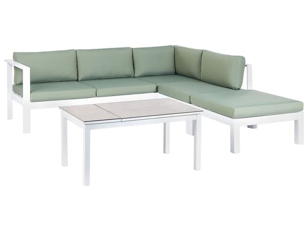 5-seters Hagesofasett Hvit Metallramme Beige Puter Sofabord med spalter Moderne Skandinavisk