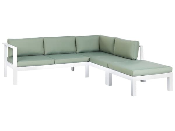 5-seters Hagesofasett Hvit Metallramme Beige Puter Sofabord med spalter Moderne Skandinavisk