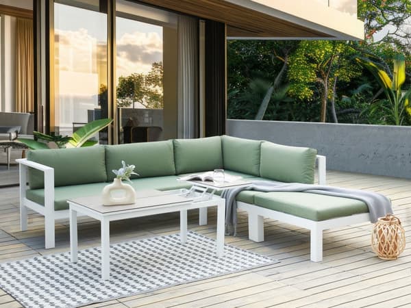 5-seters Hagesofasett Hvit Metallramme Beige Puter Sofabord med spalter Moderne Skandinavisk