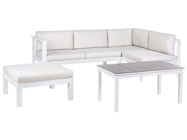 5-seters Hagesofasett Hvit Metallramme Off-White Puter Bord med Glassplate Moderne Skandinavisk Utendørs Samtalesett