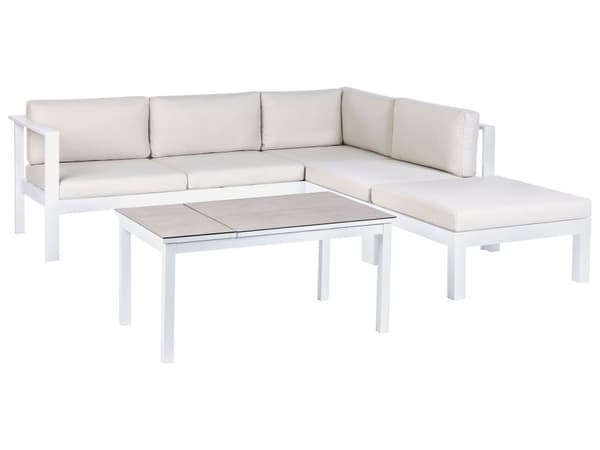 5-seters Hagesofasett Hvit Metallramme Off-White Puter Bord med Glassplate Moderne Skandinavisk Utendørs Samtalesett