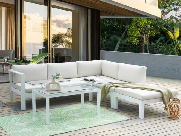 5-seters Hagesofasett Hvit Metallramme Off-White Puter Bord med Glassplate Moderne Skandinavisk Utendørs Samtalesett