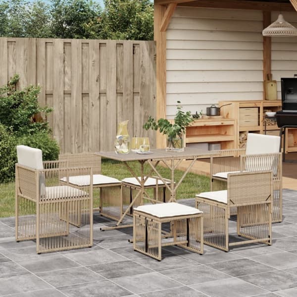 vidaXL spisebordssæt til haven 7 dele med hynder polyrattan beige
