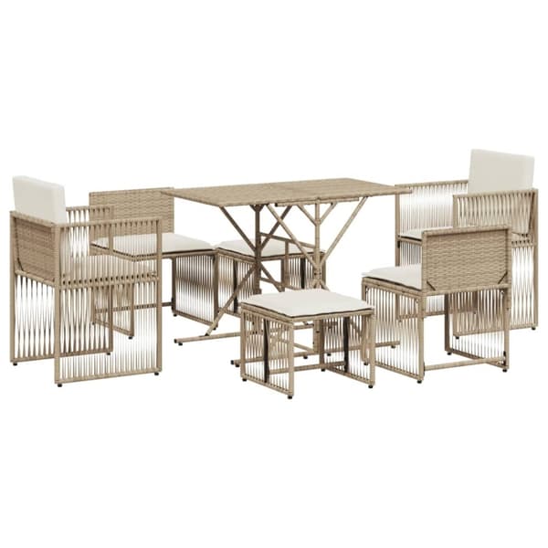 vidaXL spisebordssæt til haven 7 dele med hynder polyrattan beige