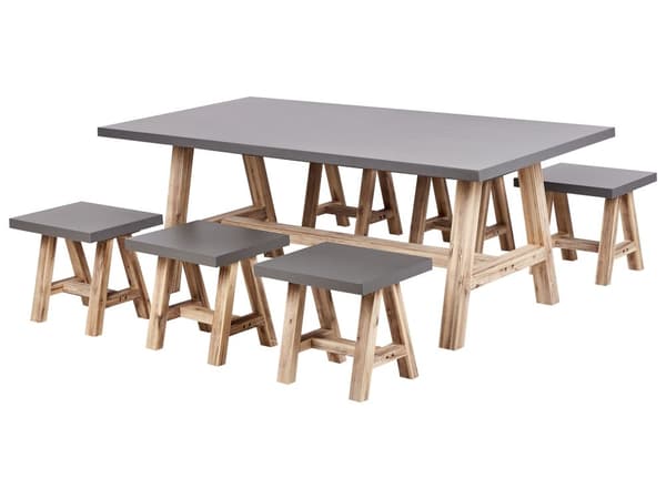 Utespisesett Grå Fibersement Lyst Akasietre 6 personer Bord 6 Krakker Industriell design