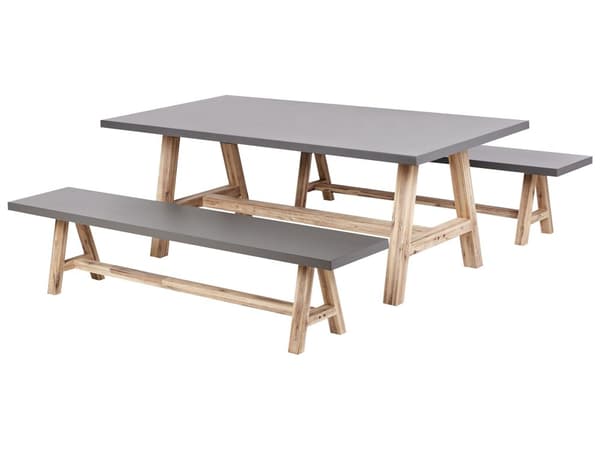 Utespisesett Grå Fibersement Lyst Akasietre Spisebord med 2 Benker Industriell design