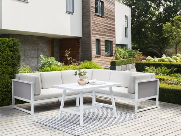 Loungesæt i Råhvid Aluminium 120 x 70 x 45 cm Hjørne Havesofa Modulær Lounge Møbler med Lamel Sofabord til Terrasse Udendørs Indretning Design