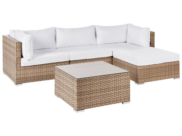 Loungesæt Hvid Rattan 4 Personers Udendørs Lounge Havesofa Venstrevendt Chaiselong med Bord Fodskammel til Terrasse med Hynder Vandtæt