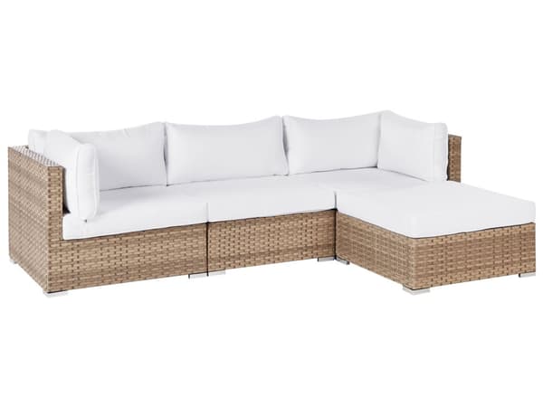 Loungesæt Hvid Rattan 4 Personers Udendørs Lounge Havesofa Venstrevendt Chaiselong med Bord Fodskammel til Terrasse med Hynder Vandtæt