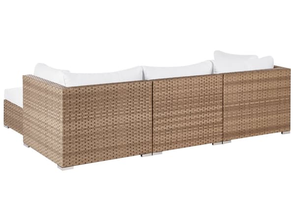 Loungesæt Hvid Rattan 4 Personers Udendørs Lounge Havesofa Venstrevendt Chaiselong med Bord Fodskammel til Terrasse med Hynder Vandtæt