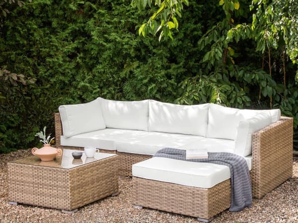 Loungesæt Hvid Rattan 4 Personers Udendørs Lounge Havesofa Venstrevendt Chaiselong med Bord Fodskammel til Terrasse med Hynder Vandtæt