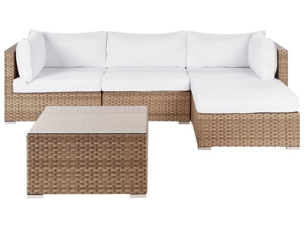 Loungesæt Hvid Rattan 4 Personers Udendørs Lounge Havesofa Venstrevendt Chaiselong med Bord Fodskammel til Terrasse med Hynder Vandtæt