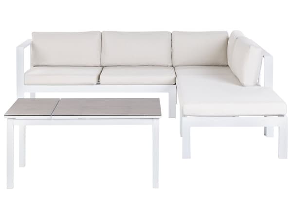 5-sits Loungegrupp Vit Metallram Off-White Dynor Bord med Bordsskiva i Glas Modern Skandinavisk Trädgård Uteplats