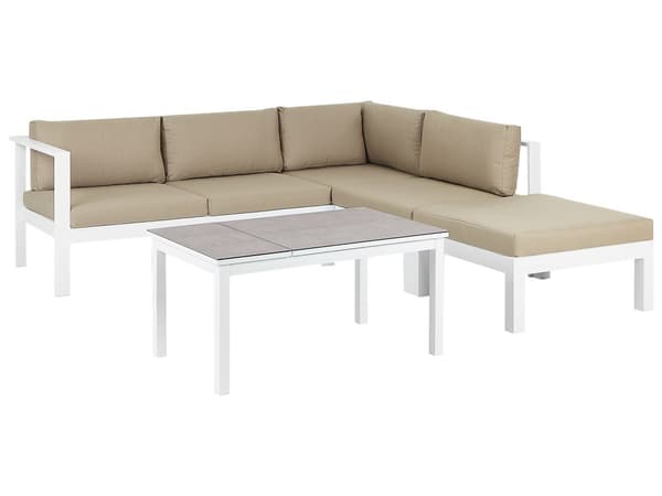 5-seters utendørs loungesett Hvit Sandbeige Metallramme Bord med glassplate Sitteputer Moderne og skandinavisk stil Hagemøbler Sittegruppe