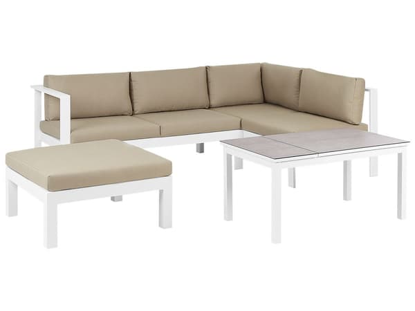 5-seters utendørs loungesett Hvit Sandbeige Metallramme Bord med glassplate Sitteputer Moderne og skandinavisk stil Hagemøbler Sittegruppe