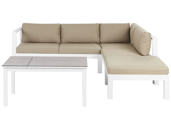 5-seters utendørs loungesett Hvit Sandbeige Metallramme Bord med glassplate Sitteputer Moderne og skandinavisk stil Hagemøbler Sittegruppe