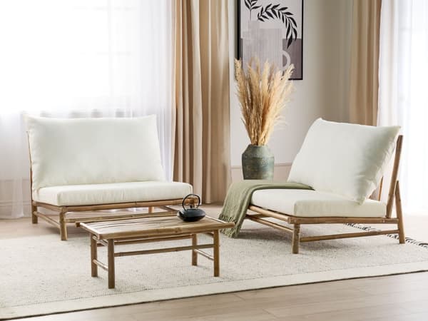 Loungegrupp med 2 Sittplatser i Bambu Ljust trä och Off-white Ryggstöd Sittdynor med Soffbord Inomhus- och Utomhus Modern Design