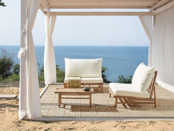 Loungegrupp med 2 Sittplatser i Bambu Ljust trä och Off-white Ryggstöd Sittdynor med Soffbord Inomhus- och Utomhus Modern Design