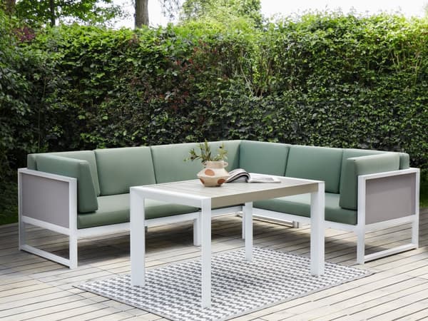 Loungegrupp Vit Aluminiumram Gröna Dynor Modulär L-formad Utomhus