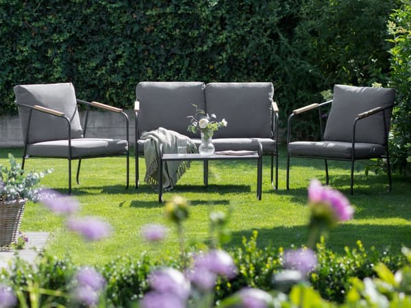 Hagesofasett Grått Loungesett Stål 4-seters Sett med bord Industriell stil Hage Uteplass Balkong