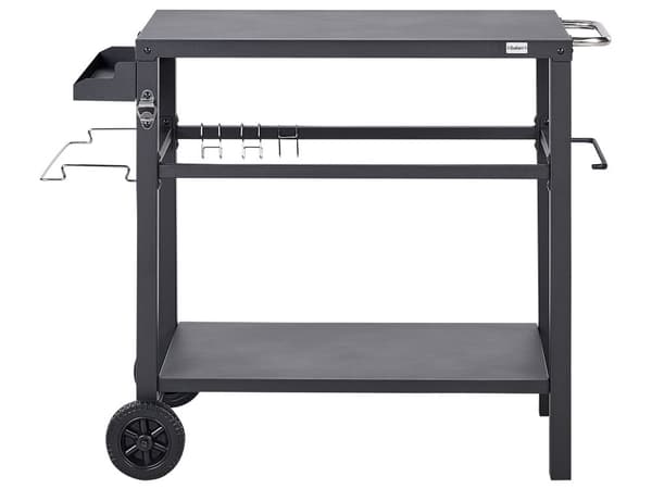 Utendørs trillebord Svart Stål 2 hjul Håndklestang Kroker Hylle Moderne design Serveringsvogn Hagemøbler