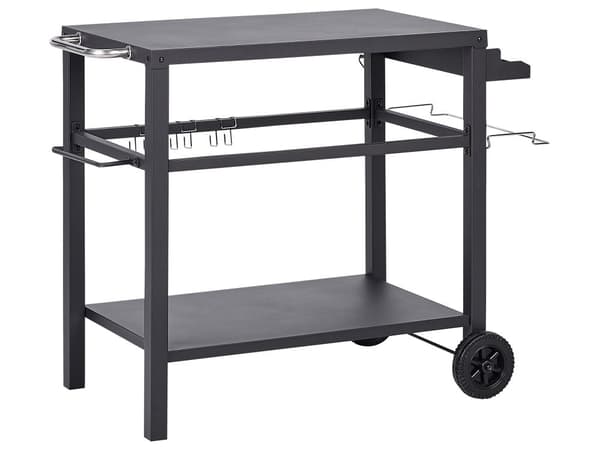 Utendørs trillebord Svart Stål 2 hjul Håndklestang Kroker Hylle Moderne design Serveringsvogn Hagemøbler