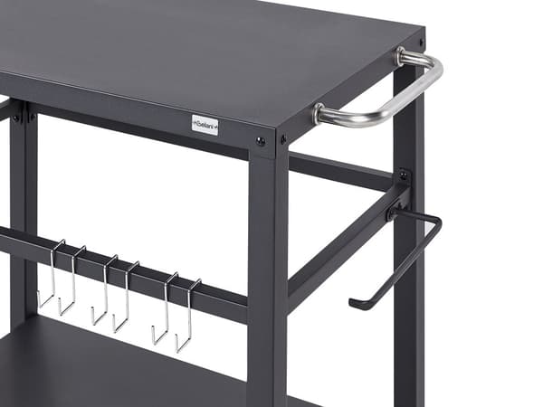 Utendørs trillebord Svart Stål 2 hjul Håndklestang Kroker Hylle Moderne design Serveringsvogn Hagemøbler
