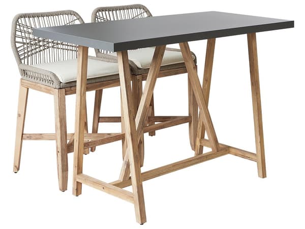 Bistrosett Lyst akasietre Grå 2 barstoler med beige puter Bord med bordplate i betong Industriell stil Hagesett
