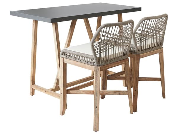 Bistrosett Lyst akasietre Grå 2 barstoler med beige puter Bord med bordplate i betong Industriell stil Hagesett