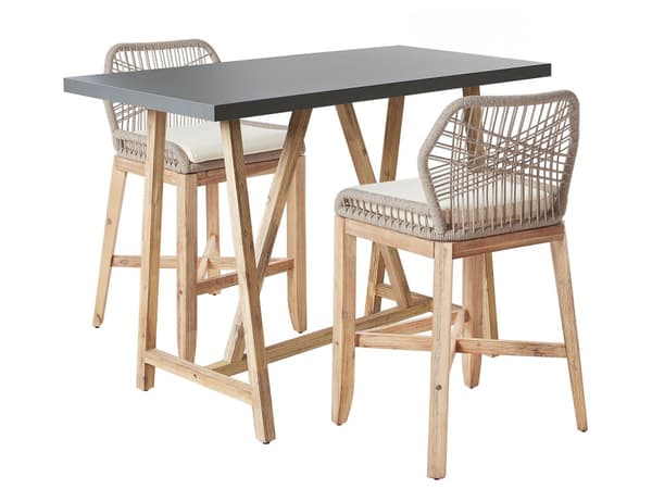 Bistrosett Lyst akasietre Grå 2 barstoler med beige puter Bord med bordplate i betong Industriell stil Hagesett