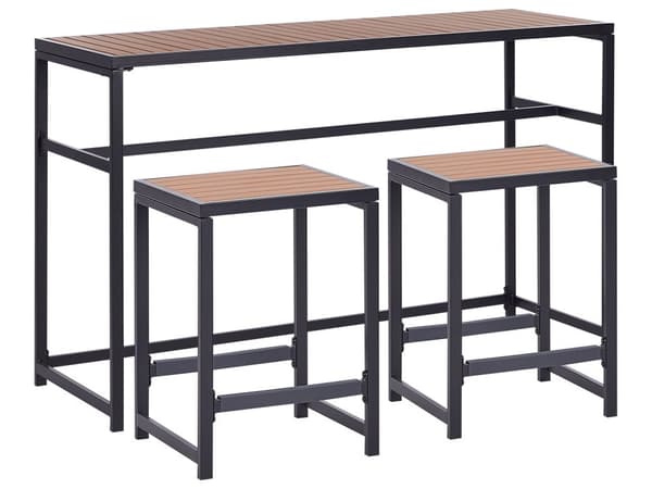 Utendørs spisegruppe Lyst tre Svart Stål Syntetisk tre Bord 150 x 50 cm 2 krakker Moderne design Hagemøbler Barbord Barstoler