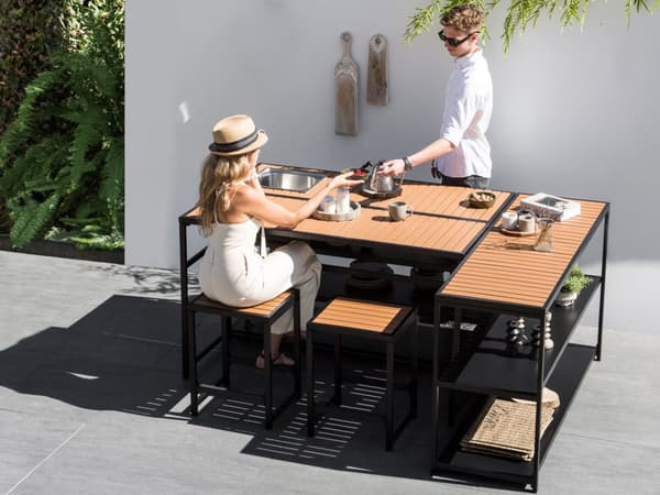 Utomhus Köksö Svart Stål Polyträ Topp 150 x 50 x 90 cm 2 Hyllor Enhet med Topp Trädgårdskök Matsal
