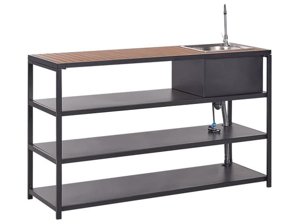 Köksö Utomhus med Diskho Svart Stål Ljus Träskiva 159 x 50 x 91 cm Ettgreppsblandare 3 Hyllor Enhet med Topp Trädgårdskök Matsal