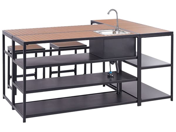 Utomhuskök 6 Delar Svart Stål Polyträskivor 2-sits Barbord med Pallar och Skåp Diskho Enkelspak Utekök Matlagningsstation