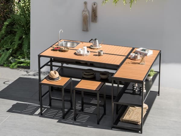 Utendørs kjøkkenøy Svart Lyst tre Stål Syntetisk tre 150 x 50 x 90 cm 2 hyller Moderne stil Hagemøbler Utekjøkken
