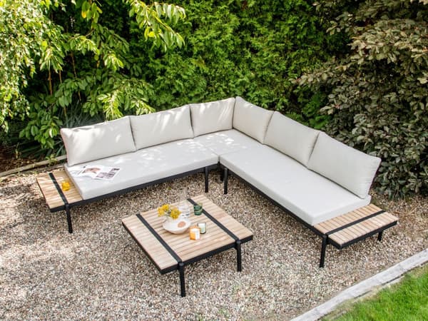 Loungesæt Off-white Eucalyptustræ 5-personers hjørnesofa med hynder Sofabord Moderne design Havemøbler