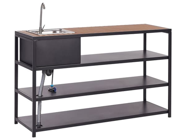 Udendørs køkkensæt Sort Lyst træ Stål Syntetisk træ Barbord med 2 barstole 2 køkkenøer med hylder Håndvask Moderne stil Havemøbler