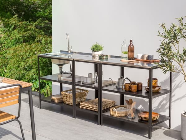 Udekøkken Sort Stål 3 dele Udendørs Køkken med Vask Rustfrit Havekøkken med Bord til Terrasse