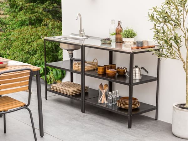 Udekøkken Sort Stål 2 dele Udendørs Køkken med Vask Rustfrit Havekøkken med Bord til Terrasse