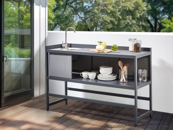 Utekjøkkensett Grå Aluminium 3 deler Oppbevaringsskap med vask Øy Trillebord Moderne design Hagemøbler Utekjøkken