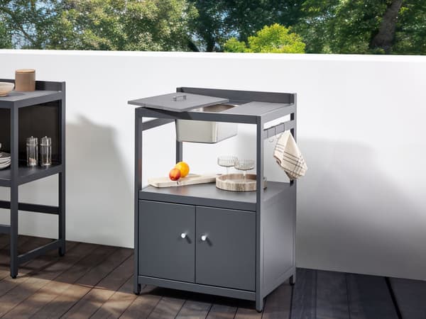 Utekjøkkensett Grå Aluminium 3 deler Oppbevaringsskap med vask Øy Trillebord Moderne design Hagemøbler Utekjøkken