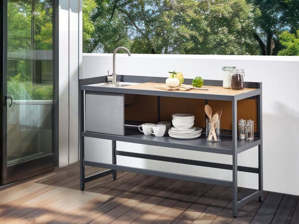 Utekjøkkensett Lyst tre Aluminium 3 deler Oppbevaringsskap med vask Øy Trillebord Moderne design Hagemøbler Utekjøkken