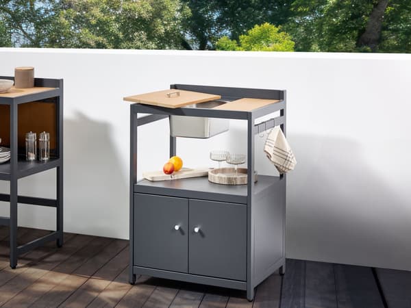Utekjøkkensett Lyst tre Aluminium 3 deler Oppbevaringsskap med vask Øy Trillebord Moderne design Hagemøbler Utekjøkken